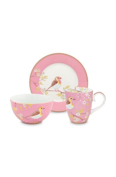 Kuşlu 3lü Pembe Kahvaltı Seti -Hediye Kutulu
