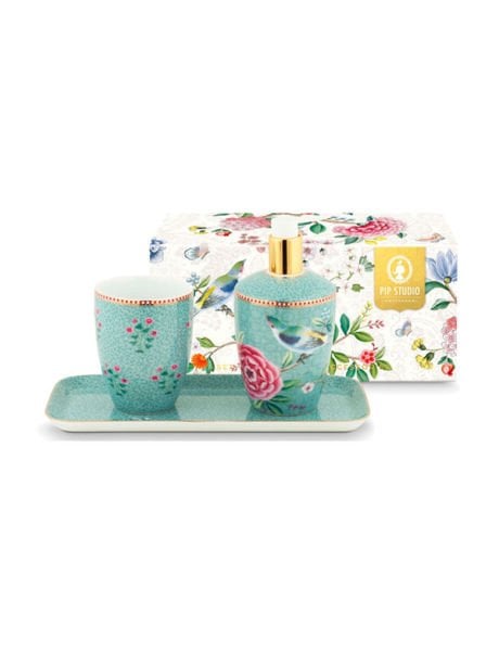 BATHROOM ACCESSORIES SET FLORAL GOOD MORNING BLUE