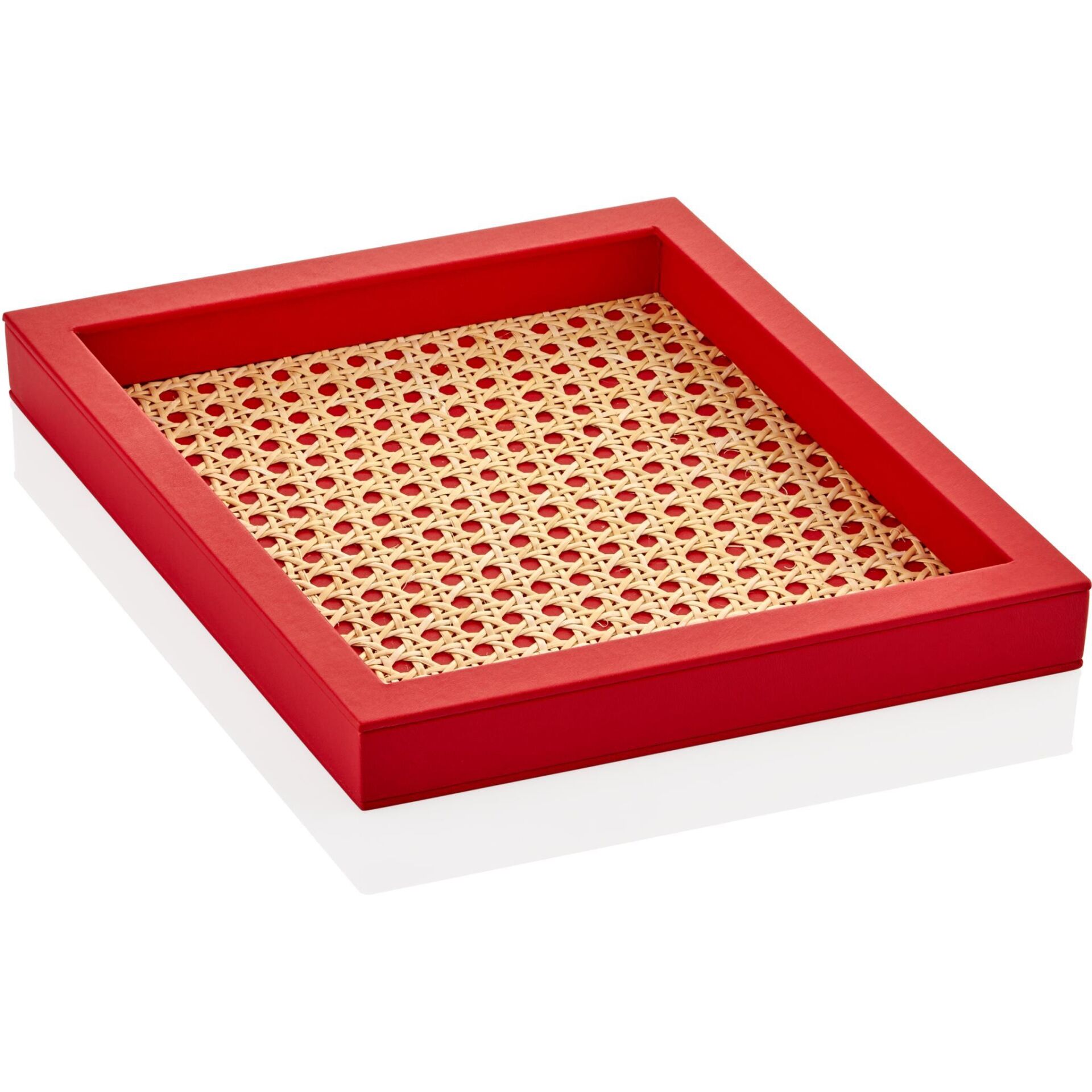 Deri El Yapımı Kırmızı Karo Rattan Tepsi