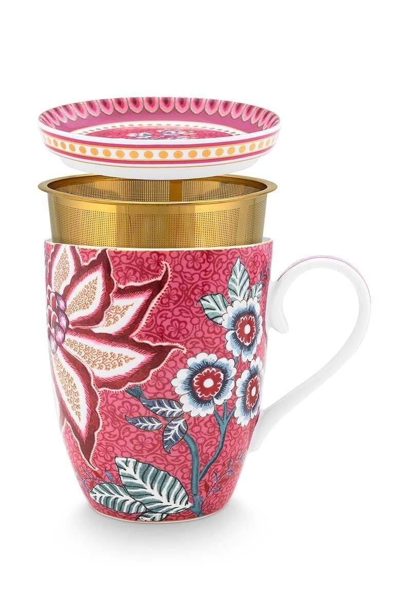 Flower Festival Kırmızı Tek Kişilik Çay Seti 350 ml