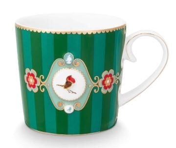 Love Birds Yeşil Çizgili Madalyon Desenli Küçük Mug 150 ml