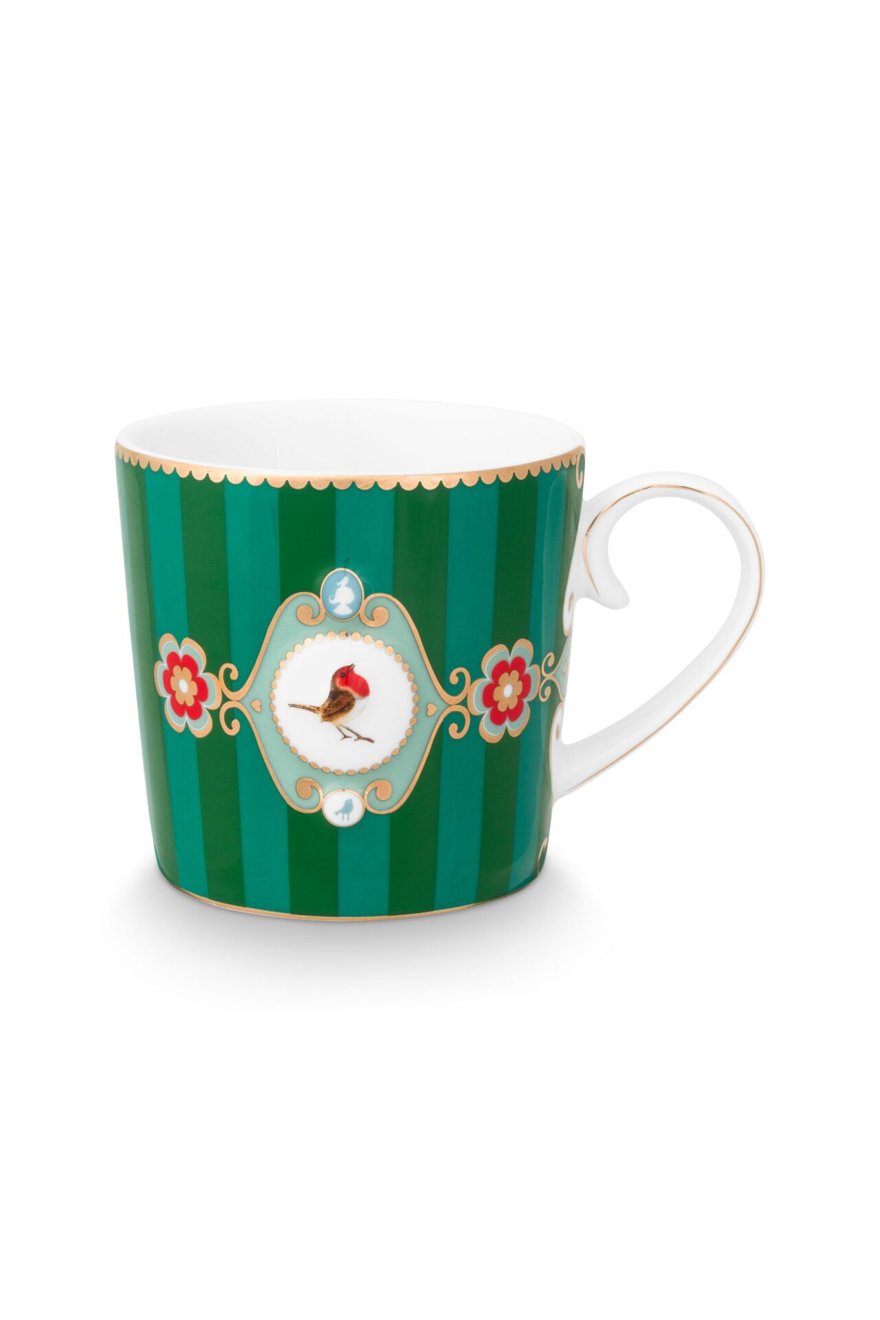 Love Birds Yeşil Çizgili Madalyon Desenli Küçük Mug 150 ml