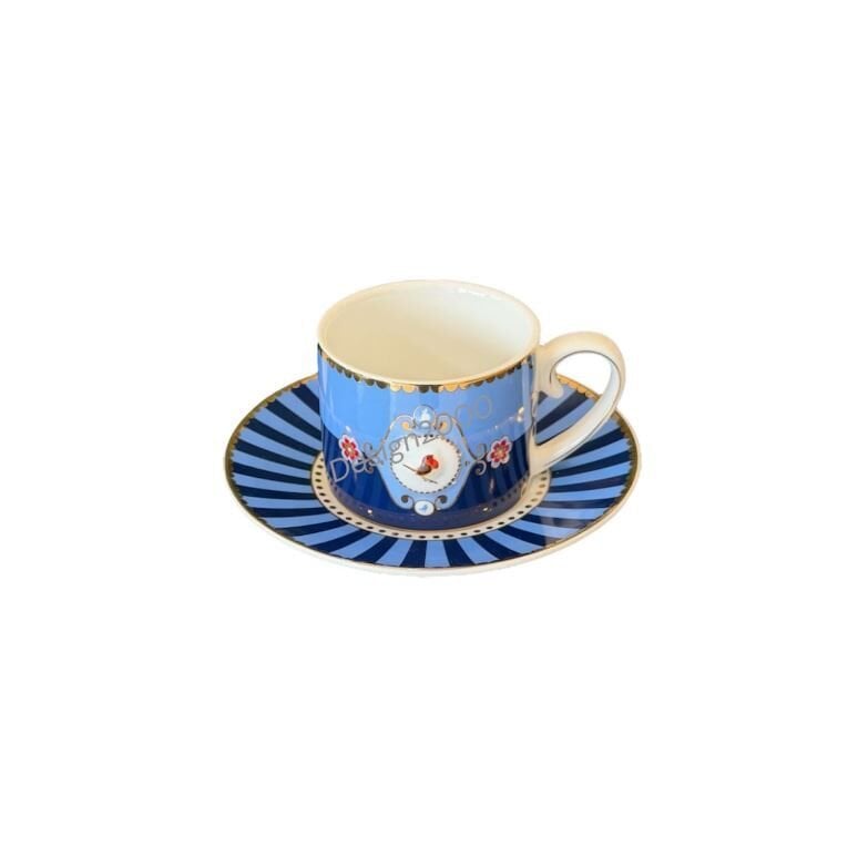 Love Birds Mavi Madalyon Desenli Kuşlu Kahve Fincanı 100 ml