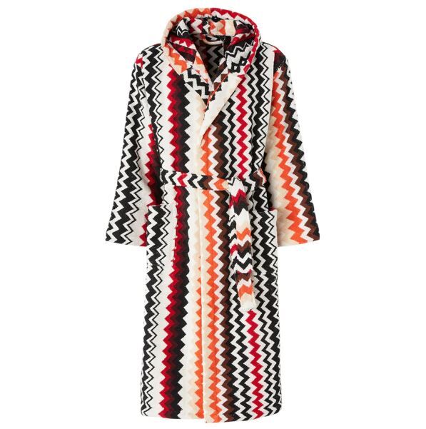 Best  Kırmızı Çok Renkli Zigzag Desenli Kapüşonlu Bornoz