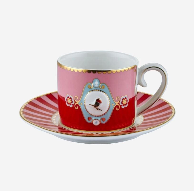 Love Birds Kırmızı Madalyon Desenli Kuşlu Kahve Fincanı 125 ml
