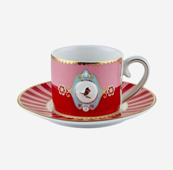 Love Birds Kırmızı Madalyon Desenli Kuşlu Kahve Fincanı 125 ml