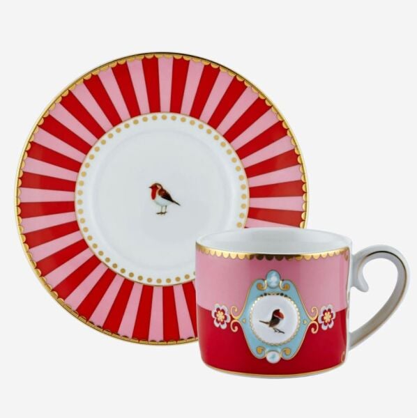 Love Birds Kırmızı Madalyon Desenli Kuşlu Kahve Fincanı 125 ml