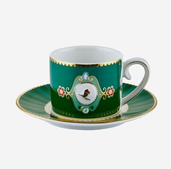 Love Birds Yeşil Madalyon Desenli Kuşlu Kahve Fincanı 125 ml