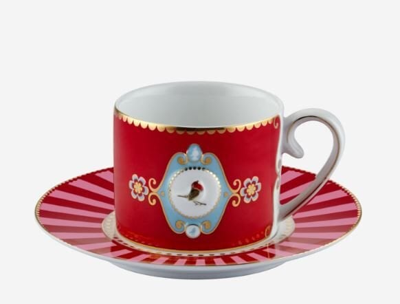 Love Birds Kırmızı/Pembe Madalyon Desenli Kuşlu Kahve Fincanı 125 ml