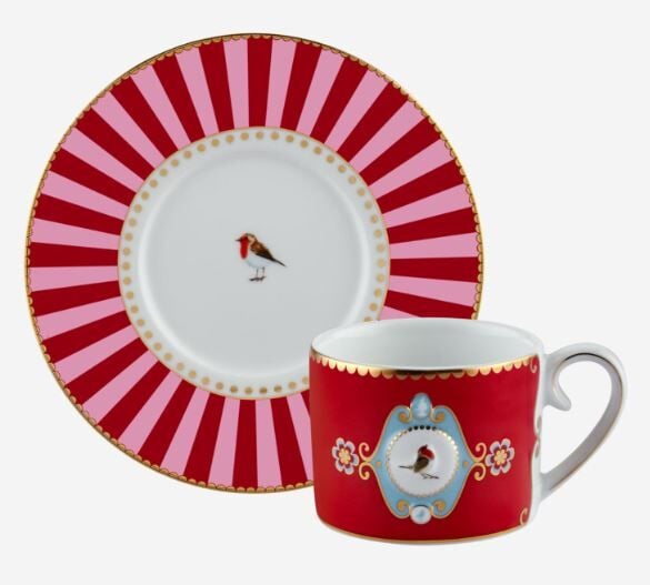 Love Birds Kırmızı/Pembe Madalyon Desenli Kuşlu Kahve Fincanı 125 ml