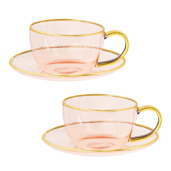 Rose Glass Teacup and Saucer Set of 2