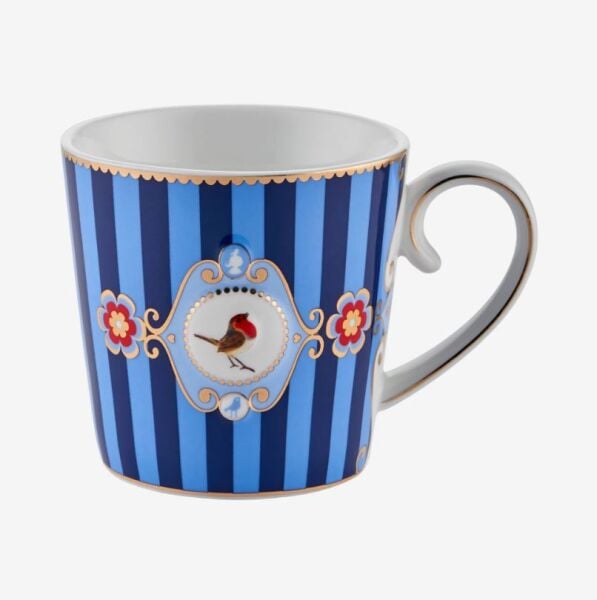 Love Birds Mavi Çizgili Madalyon Desenli Mug 250 ml