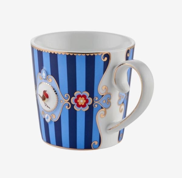 Love Birds Mavi Çizgili Madalyon Desenli Mug 250 ml