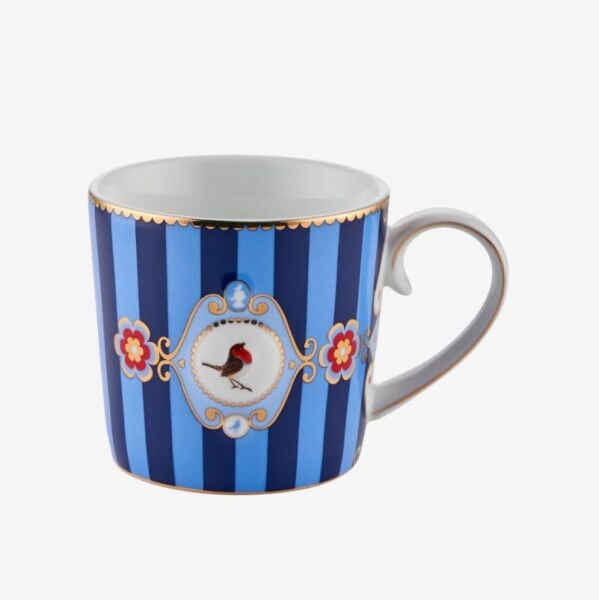 Love Birds Mavi Çizgili Madalyon Desenli Küçük Mug 150 ml