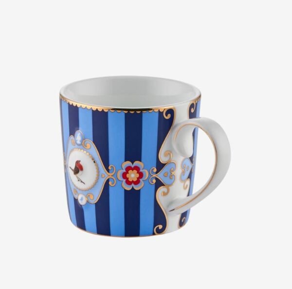 Love Birds Mavi Çizgili Madalyon Desenli Küçük Mug 150 ml