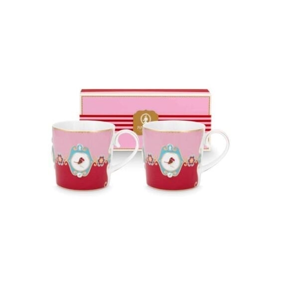 Love Birds Kırmızı/Pembe Madalyon Desenli İkili Küçük Mug Seti 150 ml