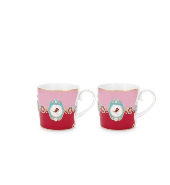 Love Birds Kırmızı/Pembe Madalyon Desenli İkili Küçük Mug Seti 150 ml