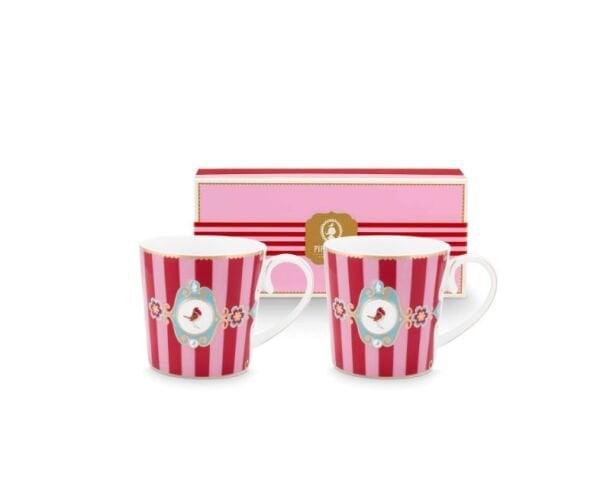 Love Birds Kırmızı/Pembe Çizgili İkili Küçük Mug Seti 150 ml