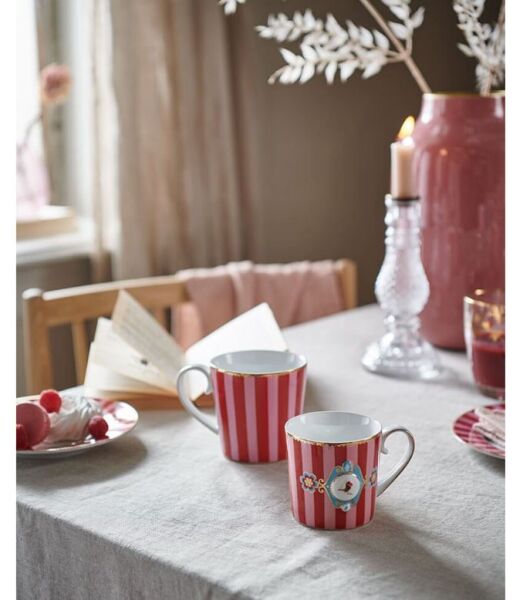 Love Birds Kırmızı/Pembe Çizgili İkili Küçük Mug Seti 150 ml