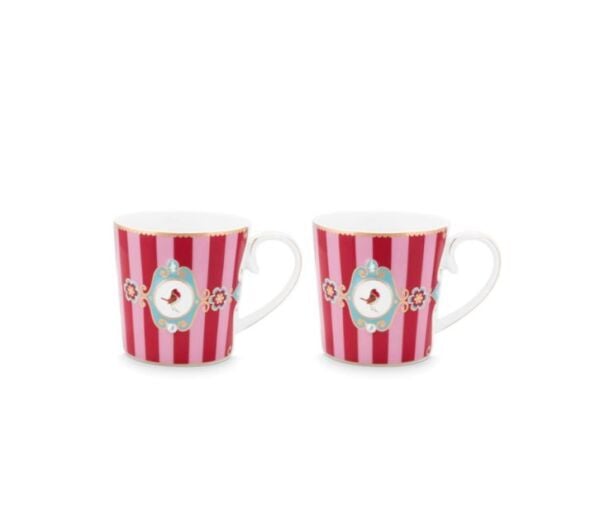 Love Birds Kırmızı/Pembe Çizgili İkili Küçük Mug Seti 150 ml