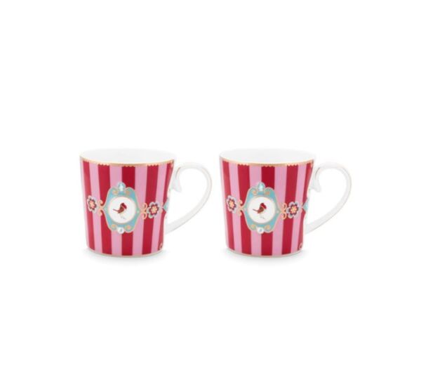 Love Birds Kırmızı/Pembe Çizgili İkili Küçük Mug Seti 150 ml