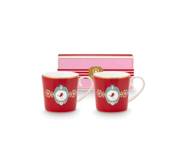 Love Birds Kırmızı Madalyon Desenli İkili Küçük Mug Seti 150 ml