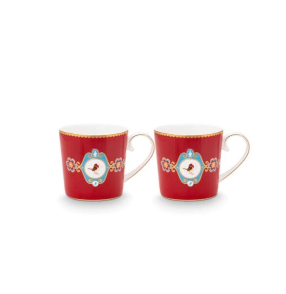 Love Birds Kırmızı Madalyon Desenli İkili Küçük Mug Seti 150 ml