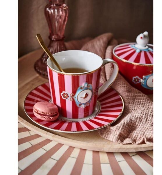 Love Birds Kırmızı/Pembe Çizgili İkili Mug Seti 250 ml