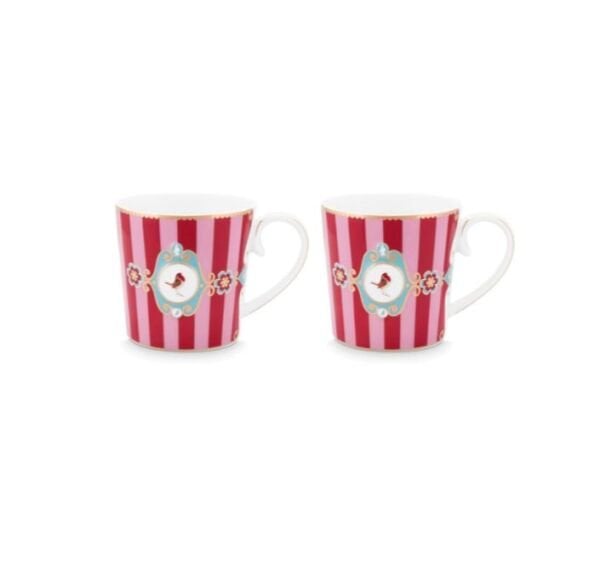 Love Birds Kırmızı/Pembe Çizgili İkili Mug Seti 250 ml