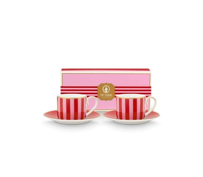 Love Birds Kırmızı/Pembe Çizgili İkili Kahve Fincanı Seti 100 ml