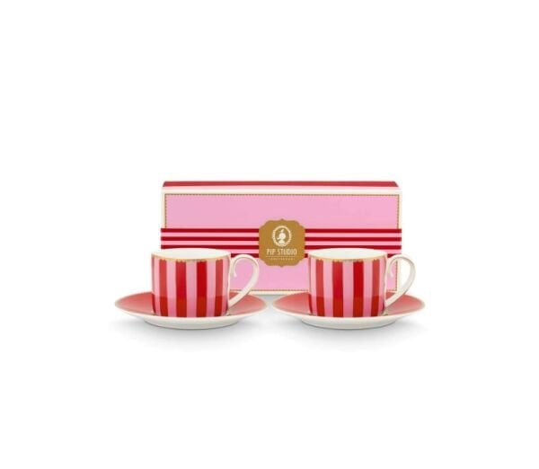 Love Birds Kırmızı/Pembe Çizgili İkili Kahve Fincanı Seti 100 ml