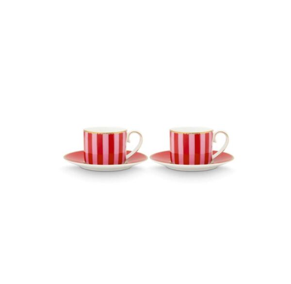 Love Birds Kırmızı/Pembe Çizgili İkili Kahve Fincanı Seti 100 ml