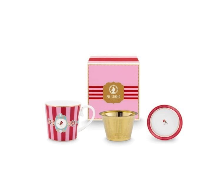 Love Birds Kırmızı/Pembe Çizgili İkili Tek Kişilik Çay Seti 250 ml