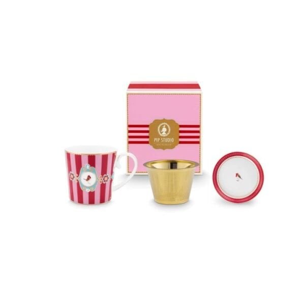 Love Birds Kırmızı/Pembe Çizgili İkili Tek Kişilik Çay Seti 250 ml