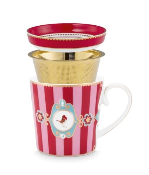 Love Birds Kırmızı/Pembe Çizgili İkili Tek Kişilik Çay Seti 250 ml