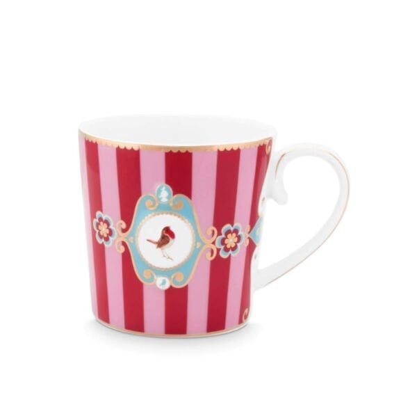 Love Birds Kırmızı/Pembe Çizgili İkili Tek Kişilik Çay Seti 250 ml