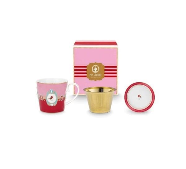 Love Birds Kırmızı/Pembe Madalyon Desenli Tek Kişilik Çay Seti 250 ml