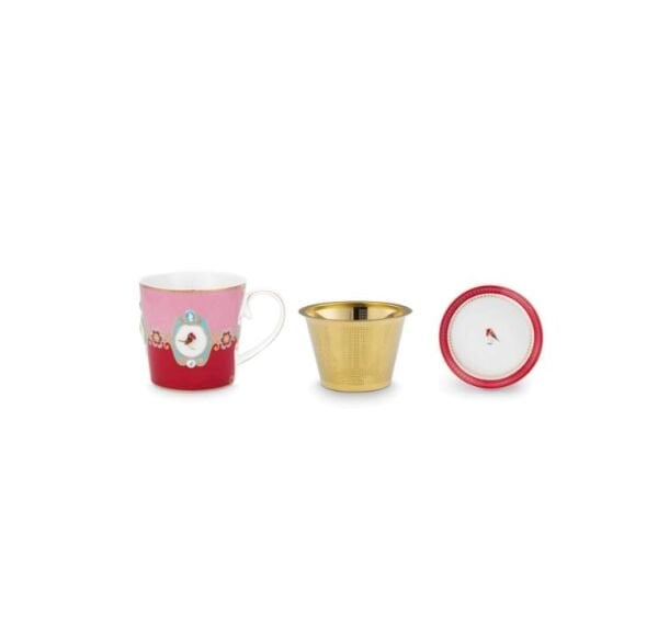 Love Birds Kırmızı/Pembe Madalyon Desenli Tek Kişilik Çay Seti 250 ml