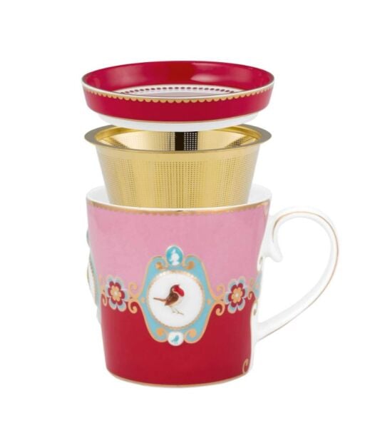 Love Birds Kırmızı/Pembe Madalyon Desenli Tek Kişilik Çay Seti 250 ml