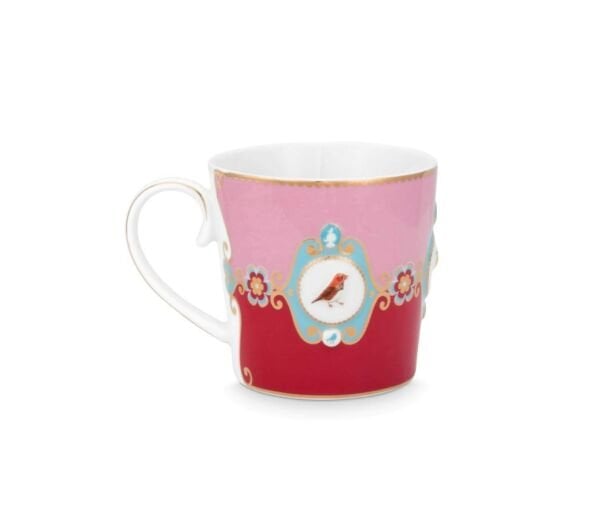 Love Birds Kırmızı/Pembe Madalyon Desenli Tek Kişilik Çay Seti 250 ml