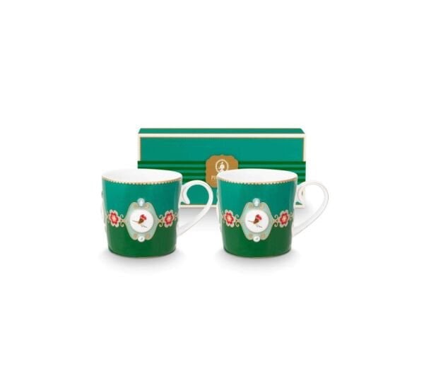 Love Birds Yeşil Renkli Madalyon Desenli İkili Küçük Mug Seti 150 ml