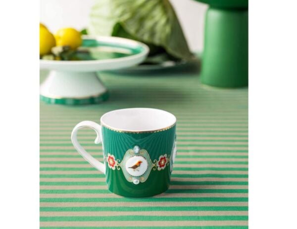 Love Birds Yeşil Renkli Madalyon Desenli İkili Küçük Mug Seti 150 ml
