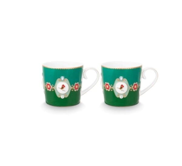 Love Birds Yeşil Renkli Madalyon Desenli İkili Küçük Mug Seti 150 ml