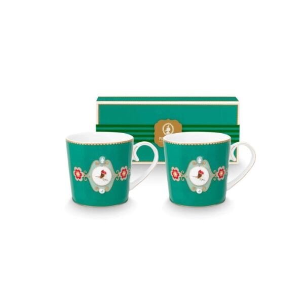 Love Birds Yeşil Madalyon Desenli İkili Küçük Mug Seti 150 ml