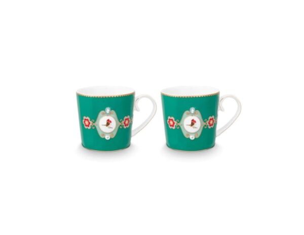 Love Birds Yeşil Madalyon Desenli İkili Küçük Mug Seti 150 ml