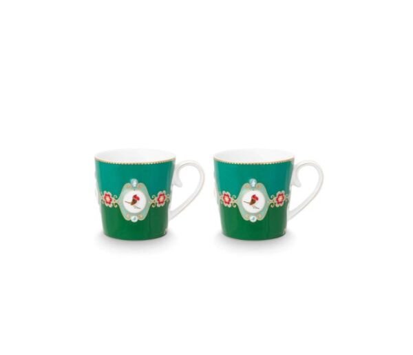 Love Birds Yeşil Renkli Madalyon Desenli İkili Mug Seti 250 ml