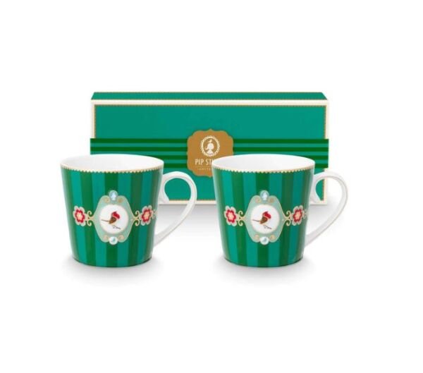 Love Birds Yeşil Çizgili İkili Mug Seti 250 ml