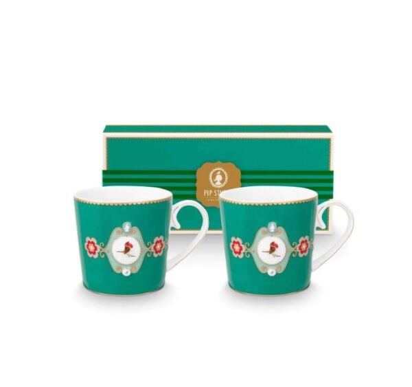 Love Birds Yeşil Madalyon Desenli İkili Mug Seti 250 ml