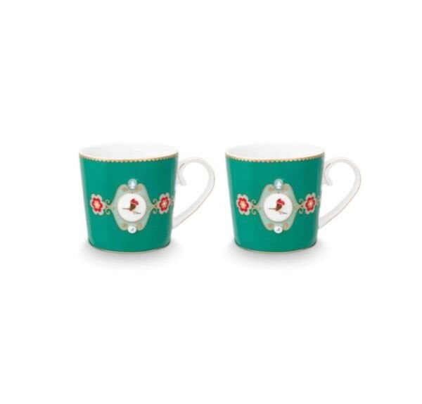 Love Birds Yeşil Madalyon Desenli İkili Mug Seti 250 ml
