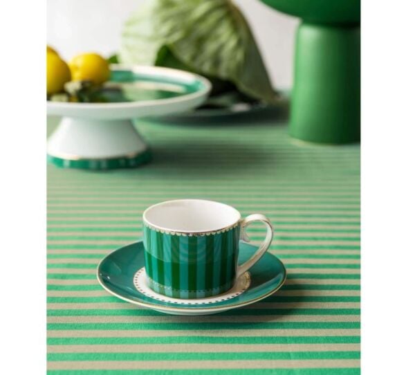 Love Birds Yeşil Çizgili İkili Kahve Fincanı Seti